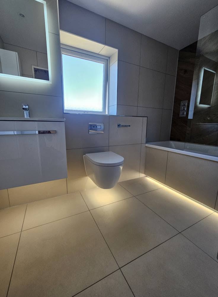 Dark contemporary wet room and vanity